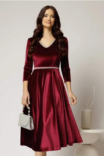 Rochie DY Fashion bordo din catifea cu decolteu in V si talia cu perle