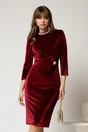 Rochie DY Fashion bordo din catifea cu perle la guler si brosa eleganta, 1, dyfashion.ro