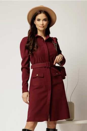 Rochie DY Fashion bordo din catifea reiata tip camasa si curea in talie
