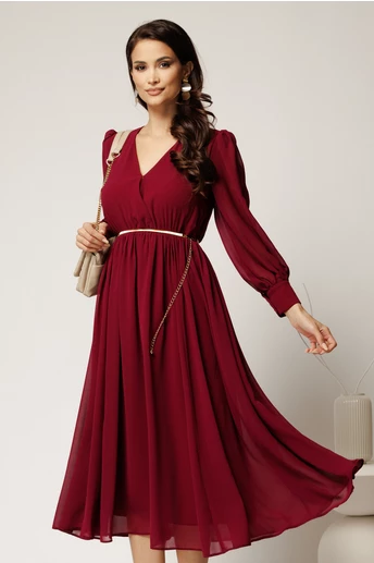 Rochie DY Fashion bordo din voal cu decolteu petrecut si curea in taIie