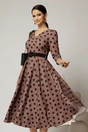Rochie DY Fashion clos maro cu buline negre cu decolteu in V si curea, 1, dyfashion.ro