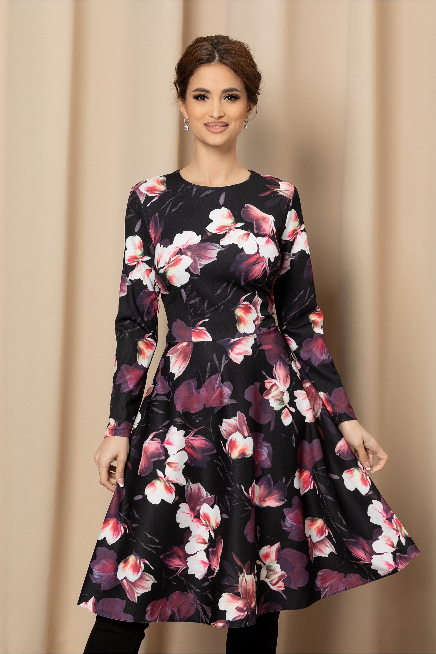 Rochie Dy Fashion clos neagra cu imprimeu floral roz dyfashion.ro imagine 2022 13clothing.ro