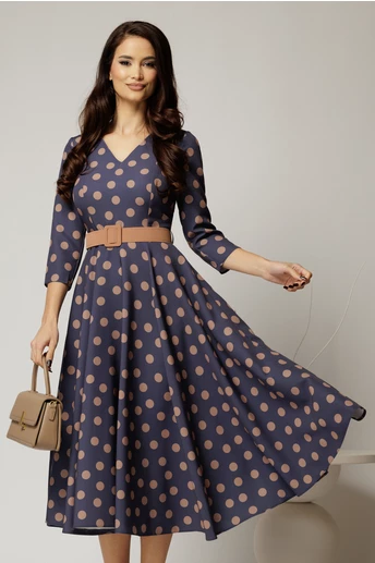 Rochie DY Fashion clos turcoaz cu buline bej cu decolteu in V si curea