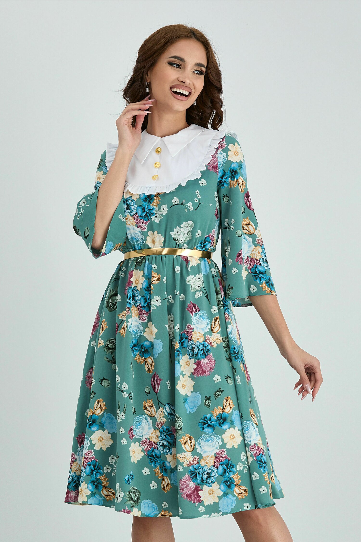 Rochie Dy Fashion clos verde cu imprimeuri florale si guler alb 2023 ❤️ Pret Super dyfashion imagine noua 2022