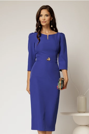 Rochie DY Fashion conica albastra cu decupaj la bust si accesoriu pe talie