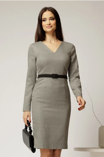Rochie DY Fashion conica din stofa carou negru gri si curea in talie
