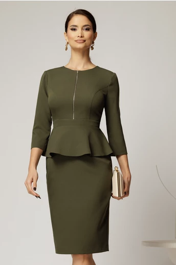 Rochie DY Fashion conica kaki cu peplum si fermoar metalic