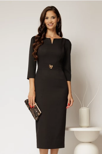 Rochie DY Fashion conica neagra cu decupaj la bust si accesoriu pe talie