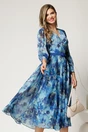 Rochie DY Fashion cu imprimeu albastru din voal cu decolteu petrecut, 1, dyfashion.ro