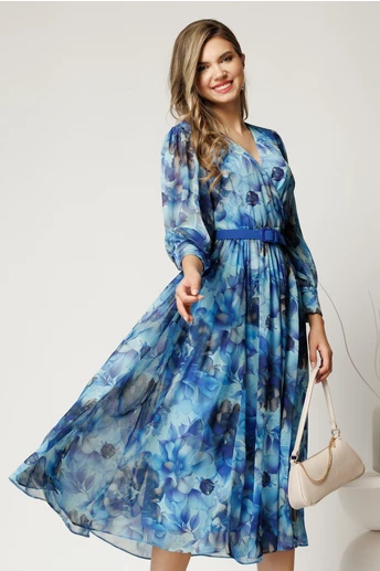 Rochie DY Fashion cu imprimeu albastru din voal cu decolteu petrecut