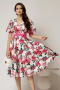 Rochie DY Fashion cu imprimeu floral fucsia si floare in talie, 1, dyfashion.ro