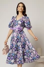 Rochie DY Fashion cu imprimeu floral mov si floare in talie, 1, dyfashion.ro