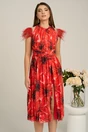 Rochie Dy Fashion cu imprimeu rosu si pene la umeri, 1, dyfashion.ro