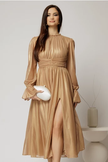 Rochie DY Fashion de ocazie aurie din tull cu guler incretit