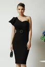 Rochie DY Fashion de ocazie din stofa neagra cu un umar gol si catarama in talie