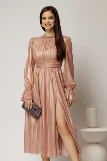 Rochie DY Fashion de ocazie roz sidefat din tull cu guler incretit