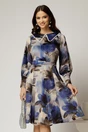 Rochie DY Fashion din catifea cu print albastru si perle la guler, 1, dyfashion.ro