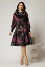 Rochie DY Fashion din catifea cu print magenta si perle la guler, 3, dyfashion.ro