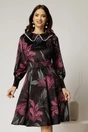 Rochie DY Fashion din catifea cu print magenta si perle la guler, 1, dyfashion.ro