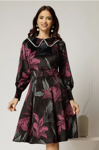 Rochie DY Fashion din catifea cu print magenta si perle la guler