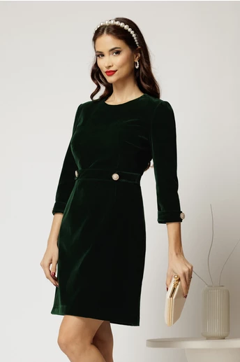 Rochie DY Fashion din catifea fixa verde cu nasturi pe talie