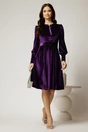 Rochie DY Fashion din catifea mov cu funda si brosa la guler, 1, dyfashion.ro