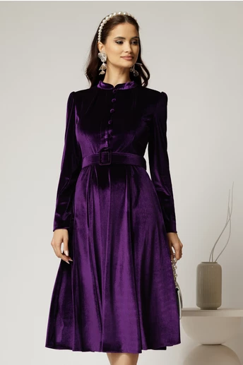 Rochie DY Fashion din catifea mov cu nasturi imbracati si curea in talie