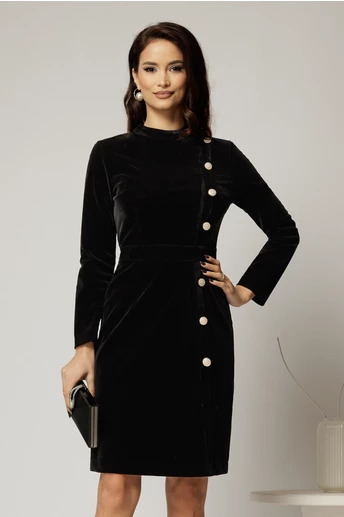Rochie DY Fashion din catifea neagra cu nasturi pe o parte