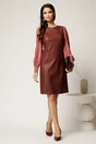 Rochie DY Fashion din piele ecologica burgundy cu maneci din voal roz, 3, dyfashion.ro