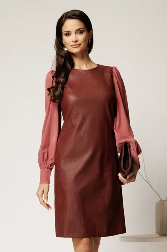 Rochie DY Fashion din piele ecologica burgundy cu maneci din voal roz