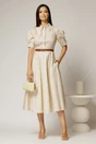 Rochie DY Fashion din poplin bej cu buline cu guler dublu si nasture la guler, 3, dyfashion.ro