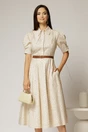 Rochie DY Fashion din poplin bej cu buline cu guler dublu si nasture la guler, 1, dyfashion.ro