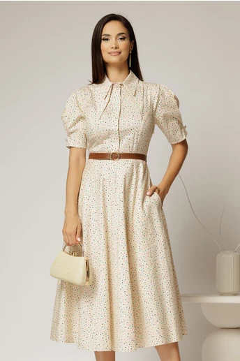 Rochie DY Fashion din poplin bej cu buline cu guler dublu si nasture la guler