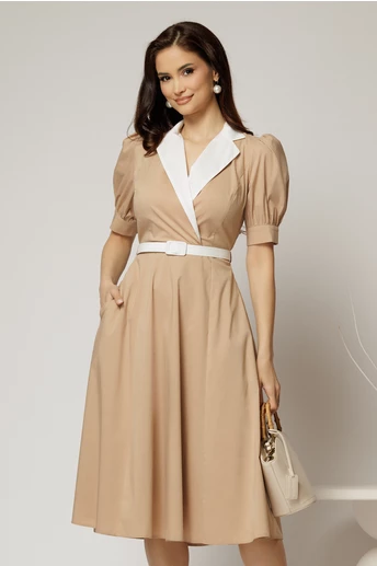 Rochie DY Fashion din poplin bej cu guler in contrast si curea in talie