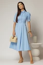 Rochie DY Fashion din poplin bleu cu guler dublu si nasture la guler, 3, dyfashion.ro