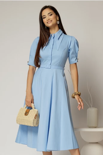 Rochie DY Fashion din poplin bleu cu guler dublu si nasture la guler