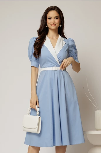 Rochie DY Fashion din poplin bleu cu guler in contrast si curea in talie