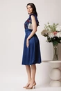 Rochie DY Fashion din satin albastra cu broderie la bust si pene la umeri, 2, dyfashion.ro