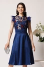 Rochie DY Fashion din satin albastra cu broderie la bust si pene la umeri, 1, dyfashion.ro