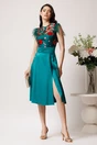 Rochie DY Fashion din satin verde cu broderie la bust si pene la umeri, 3, dyfashion.ro