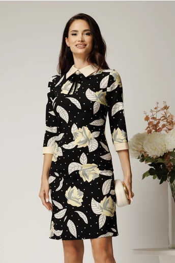 Rochie DY Fashion din stofa neagra cu imprimeu si guler ivory