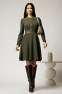Rochie DY Fashion din stofa velur kaki cu fermoar metalic decorativ și inserții din piele, 3, dyfashion.ro