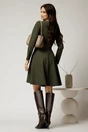 Rochie DY Fashion din stofa velur kaki cu fermoar metalic decorativ și inserții din piele, 2, dyfashion.ro