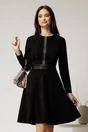 Rochie DY Fashion din stofa velur neagra cu fermoar metalic decorativ și inserții din piele, 1, dyfashion.ro
