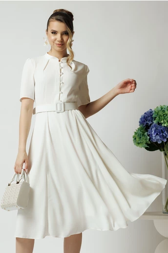 Rochie DY Fashion din triplu voal alba cu nasturi la bust si curea in talie