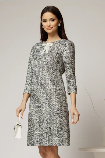 Rochie DY Fashion din tweed alb negru si croiul drept cambrat