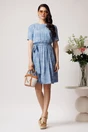 Rochie DY Fashion din visocza bleu cu imprimeu floral alb si cordon in talie, 3, dyfashion.ro
