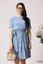 Rochie DY Fashion din visocza bleu cu imprimeu floral alb si cordon in talie, 1, dyfashion.ro
