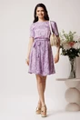 Rochie DY Fashion din viscoza lila cu imprimeu floral alb si cordon in talie, 3, dyfashion.ro