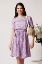 Rochie DY Fashion din viscoza lila cu imprimeu floral alb si cordon in talie, 1, dyfashion.ro